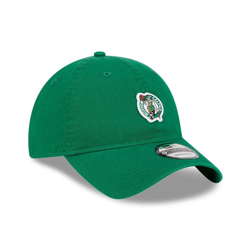 Boston Celtics NBA All Star Game 2026 Green New Era 9TWENTY Adjustable Cap, three-quarter view showing the raised embroidered Boston Celtics logo on the front panel and a 9TWENTY size sticker on the curved visor.