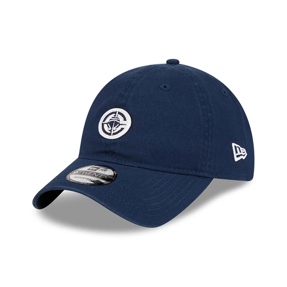 LA Clippers NBA All Star Game 2026 Dark Blue New Era 9TWENTY Adjustable Cap, three-quarter view showing the white LA Clippers embroidered logo on the front panel, a curved visor with a 9TWENTY size sticker, and the New Era flag logo on the left side.