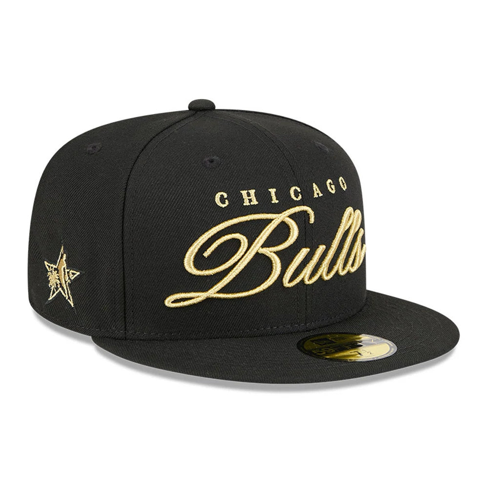 Chicago Bulls NBA All Star Game 2026 Black New Era 59FIFTY Fitted Cap, three-quarter view showing the gold embroidered Chicago Bulls script logo on the front panel, a gold star logo on the left side.