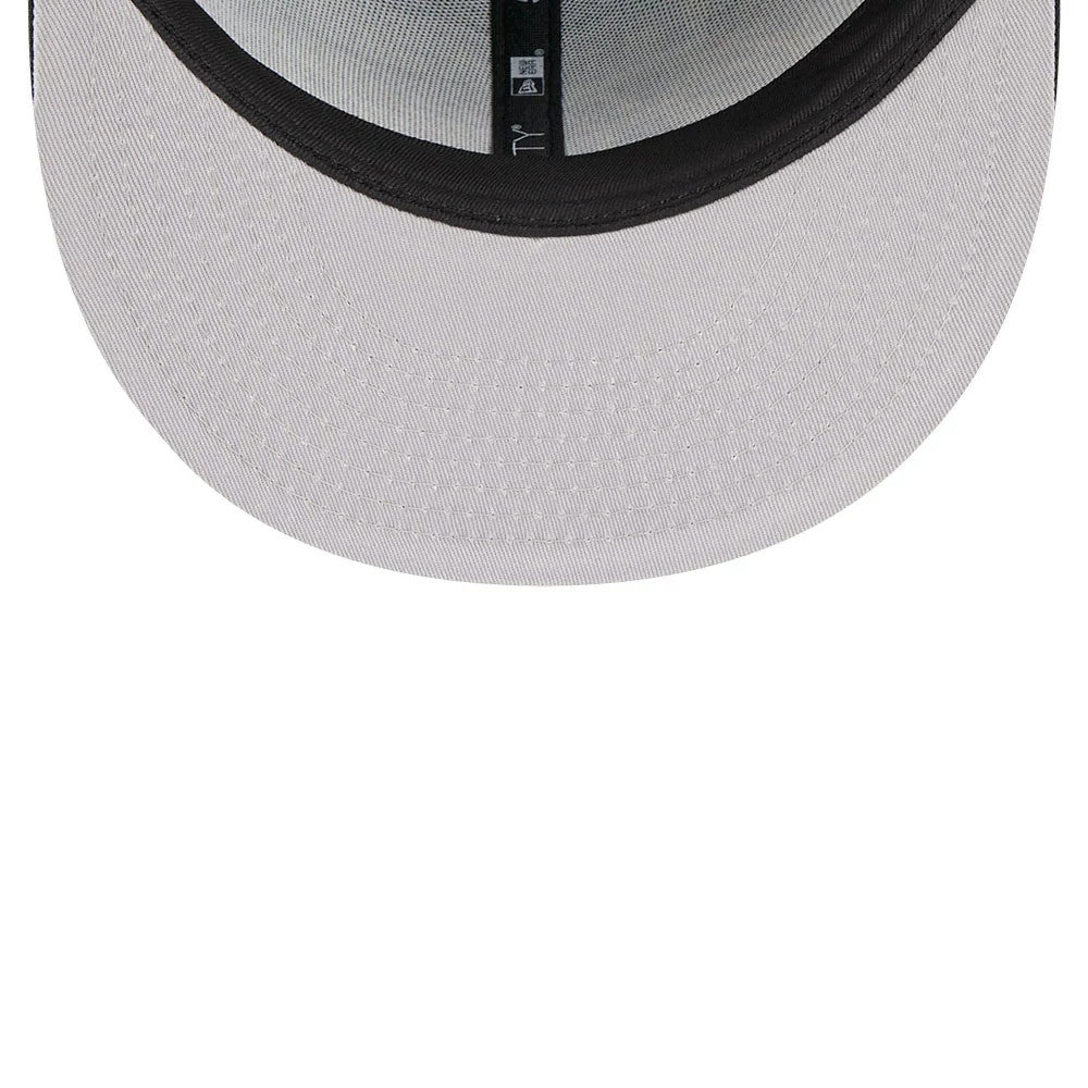 Chicago Bulls NBA All Star Game 2026 Black New Era 59FIFTY Fitted Cap, inside view showing grey undervisor, black sweatband, and branded taping along the interior seams of the structured crown.