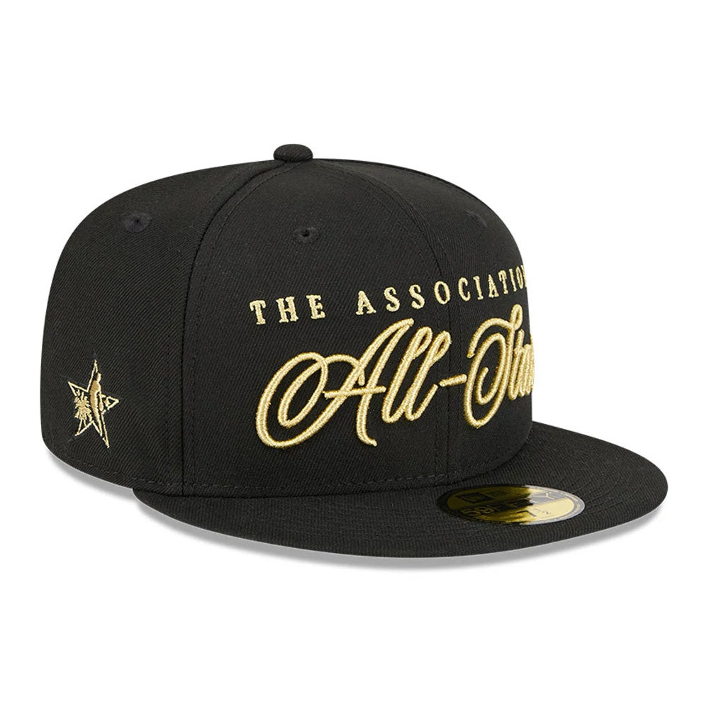 NBA All Star Game 2026 Black New Era 59FIFTY Fitted Cap, three-quarter view showing the raised gold THE ASSOCIATION All-Star embroidery on the front panels, a gold star logo on the left side, and a gold 59FIFTY size sticker on the black visor.