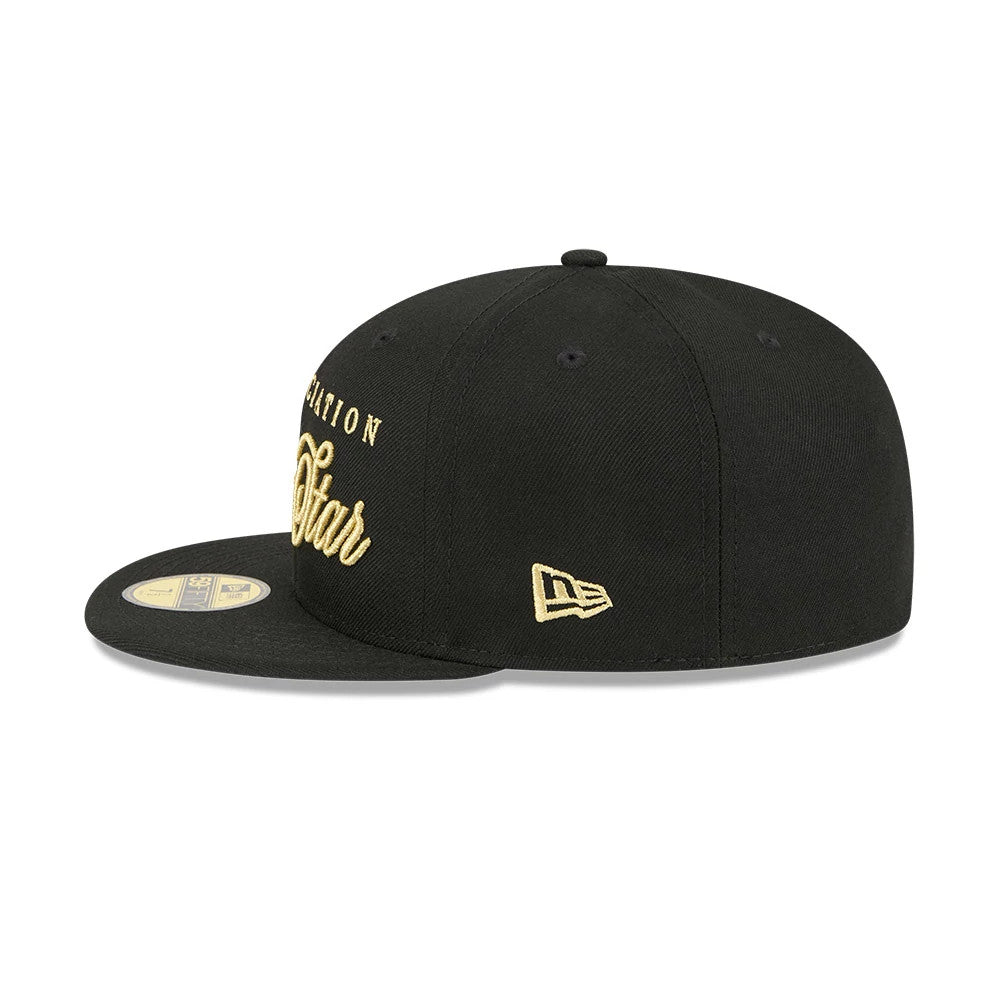 NBA All Star Game 2026 Black New Era 59FIFTY Fitted Cap, side view with gold New Era flag logo on the left side, showcasing a flat visor with a gold 59FIFTY size sticker, and gold embroidered lettering on the front panel.