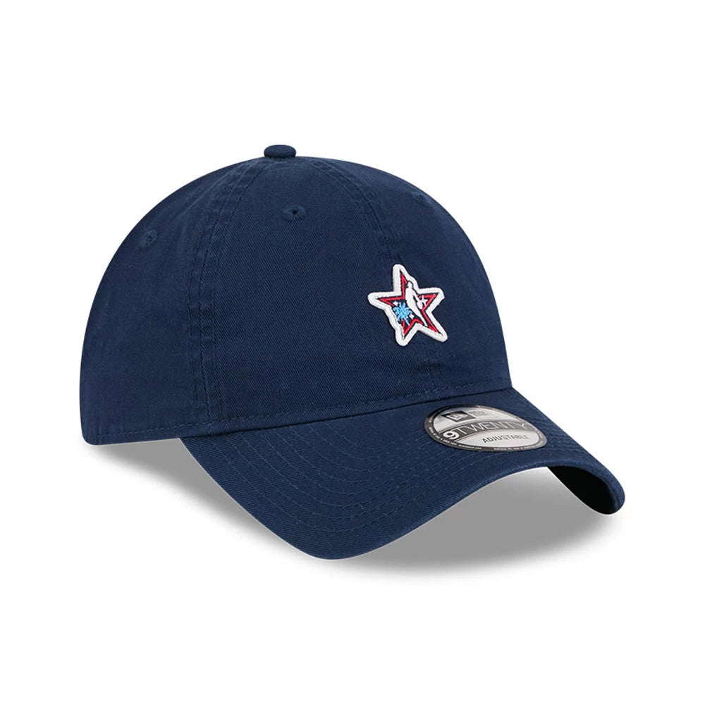NBA All Star Game 2026 Dark Blue New Era 9TWENTY Adjustable Cap, three-quarter view showing the embroidered red and white star logo on the front panel, with a curved dark blue visor featuring a 9TWENTY size sticker.