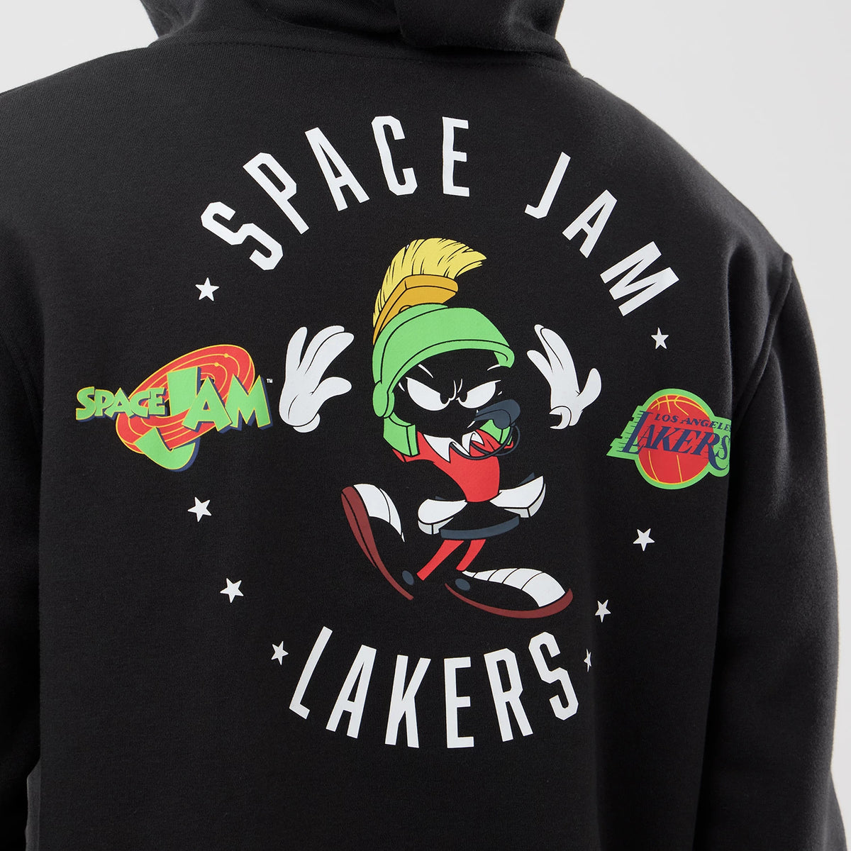 New Era LA Lakers Space Jam 2 X NBA Black Pullover Hoodie, back view showing a graphic of Marvin the Martian in the centre, with Space Jam and Lakers logos printed on either side against the black fabric.
