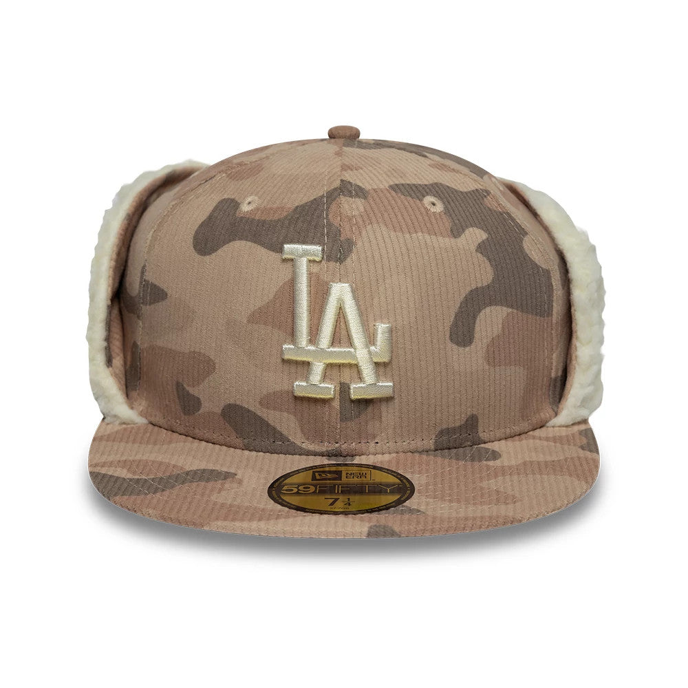 LA Dodgers MLB Cord Light Beige Downflap New Era 59FIFTY Fitted Cap, front view showing the beige embroidered LA logo on a camo-patterned crown, with a matching camo visor and a gold 59FIFTY size sticker.