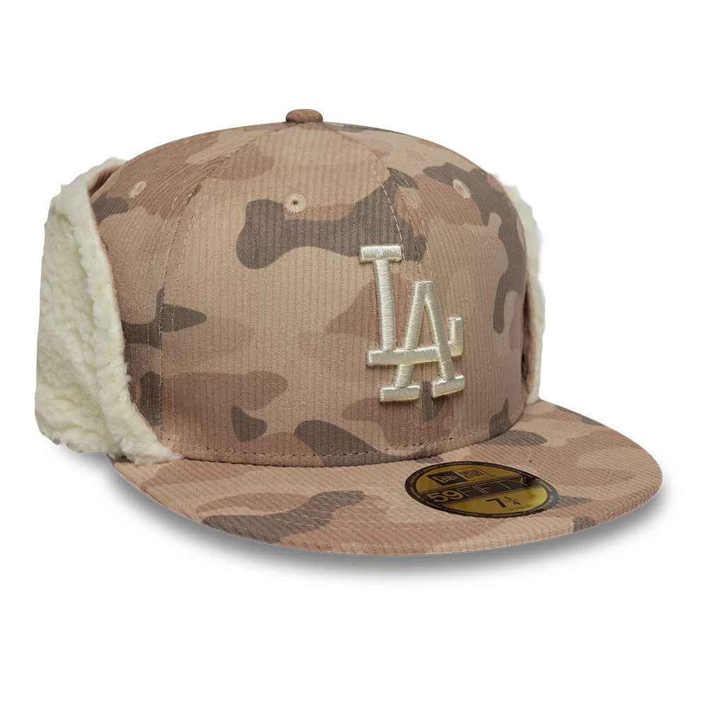 LA Dodgers MLB Cord Light Beige Downflap New Era 59FIFTY Fitted Cap, three-quarter view showing the raised beige embroidered LA logo on the front panel, camouflage pattern across the crown, and a gold 59FIFTY size sticker on the visor.