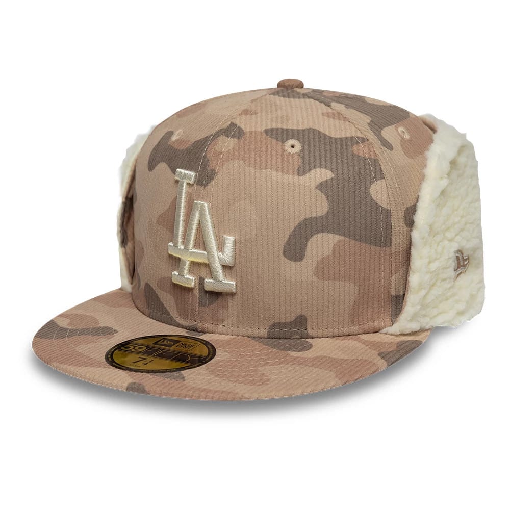 Pictured is this MLB Cord LA Dodgers Downflap 59FIFTY Fitted cap in light beige. 1