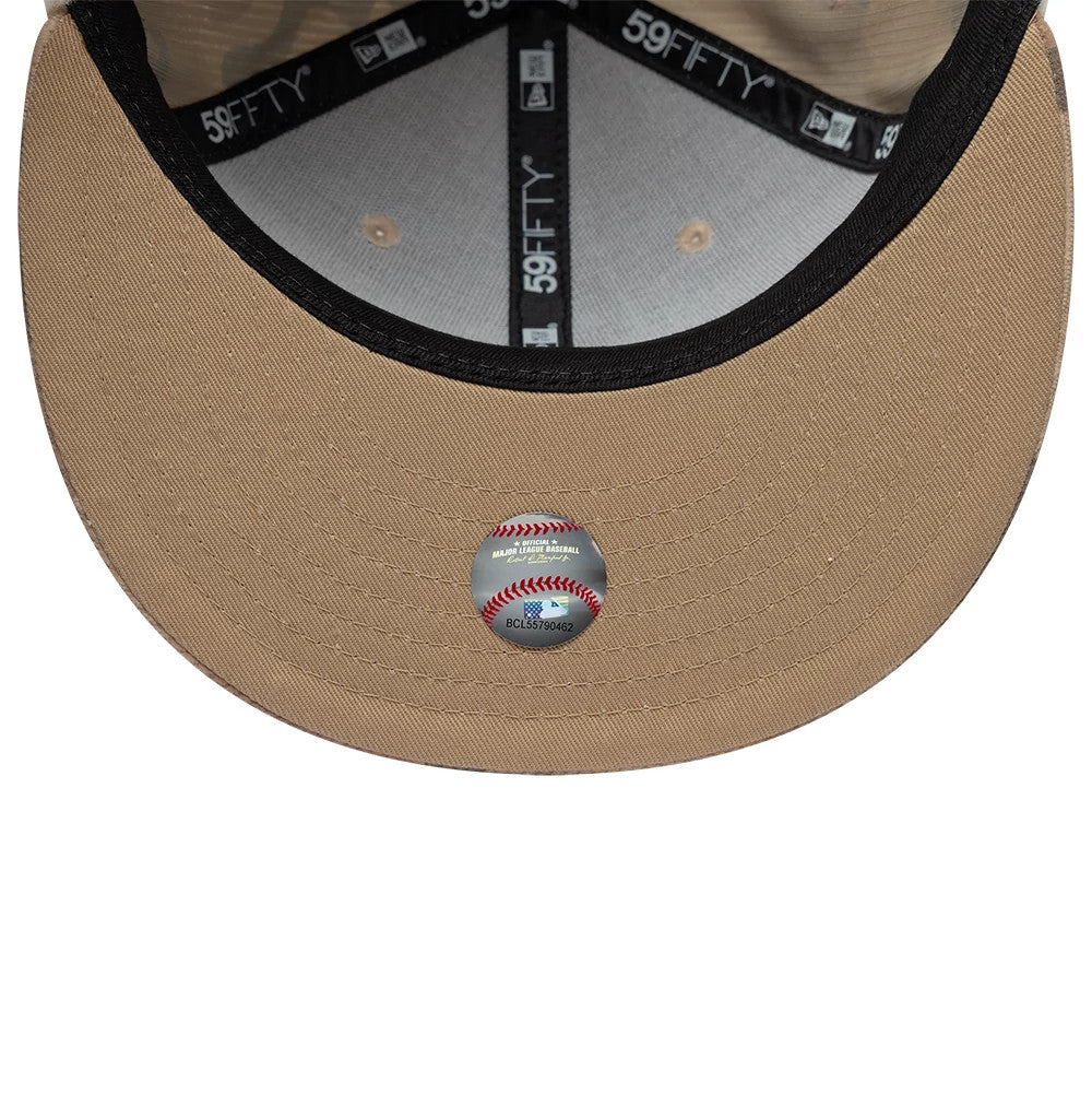 LA Dodgers MLB Cord Light Beige New Era Downflap 59FIFTY Fitted Cap, inside view showing the black 59FIFTY logo taping, grey sweatband, and light beige undervisor with a silver baseball sticker at the centre.