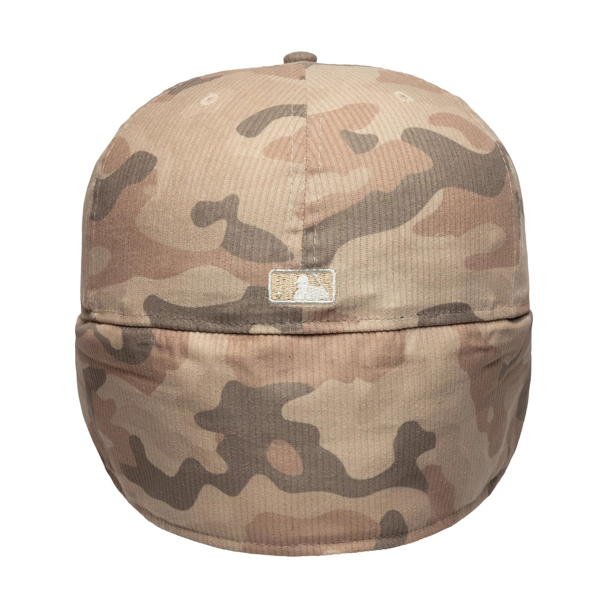 LA Dodgers MLB Cord Light Beige Downflap New Era 59FIFTY Fitted Cap, rear view showing the MLB Batterman logo embroidered in white at the centre back, with a camouflage pattern covering the structured crown and downflap.