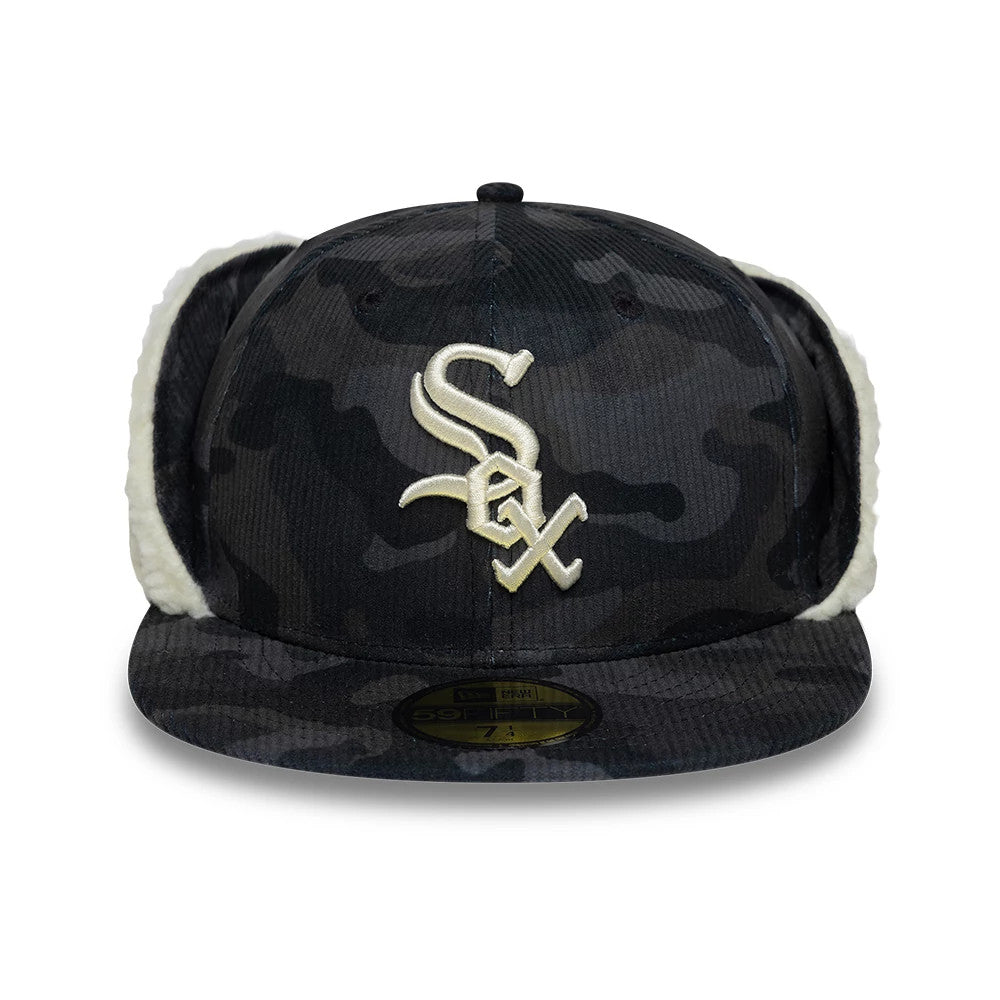 Chicago White Sox MLB Cord Black Downflap New Era 59FIFTY Fitted Cap, front view showing the white embroidered Sox logo on the black camo-patterned crown with downflaps, flat visor and gold 59FIFTY size sticker.