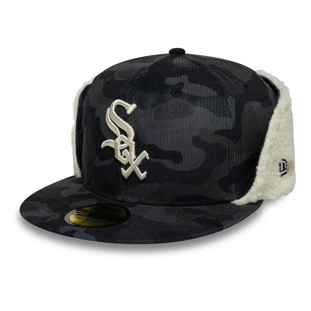 Chicago White Sox MLB Cord Black Downflap New Era 59FIFTY Fitted Cap, three-quarter view showing the raised white embroidered Sox logo on the front panel, black camo pattern, matching visor, and New Era flag logo on the left side.