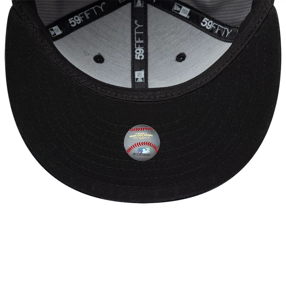 Chicago White Sox MLB Cord Black Downflap New Era 59FIFTY Fitted Cap, inside view showing the black sweatband and grey taping with white 59FIFTY branding, featuring a sticker on the black undervisor.