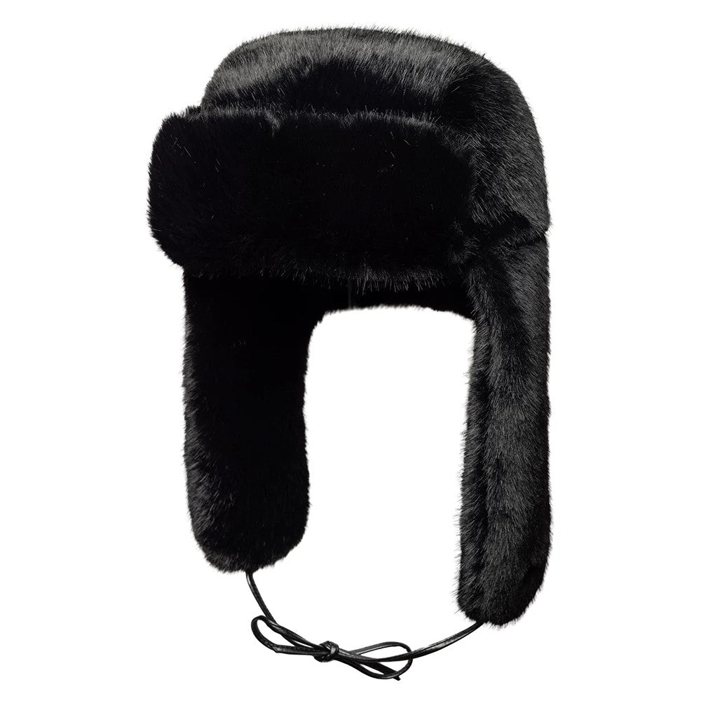New Era Faux Fur Black Trapper Hat, front view showcasing the plush black faux fur construction with long ear flaps, an adjustable tie at the bottom, and a thick front flap for extra warmth.