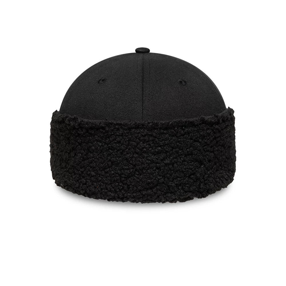 New Era Black 39THIRTY Downflap Stretch Fit Cap, rear view showing the curved black crown with a textured downflap covering the lower section, centred top button, and side eyelets.