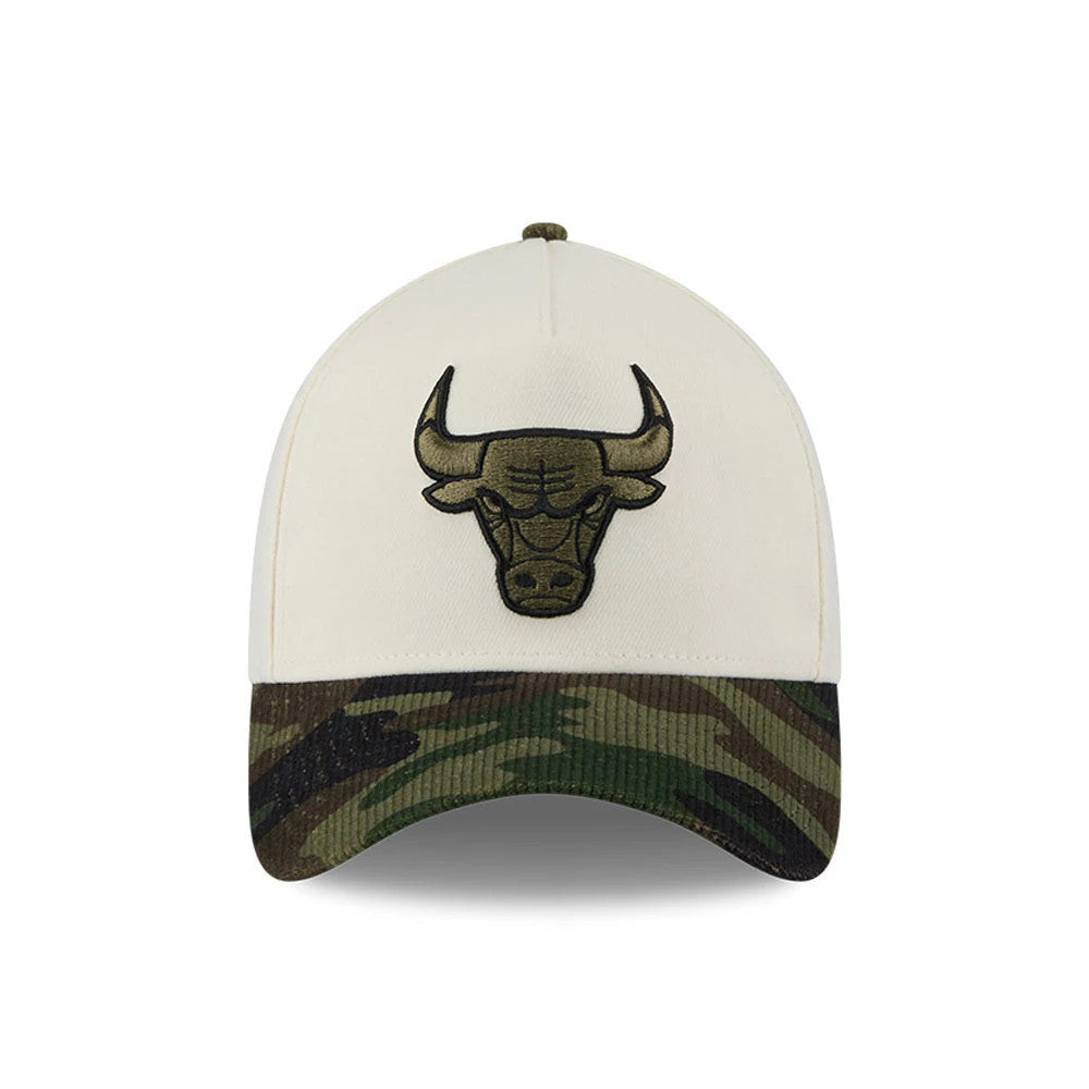 Chicago Bulls NBA White New Era 39THIRTY A-Frame Stretch Fit Cap, front view showing the raised black embroidered Bulls logo on the white crown, with a camouflage-patterned curved visor and top button.