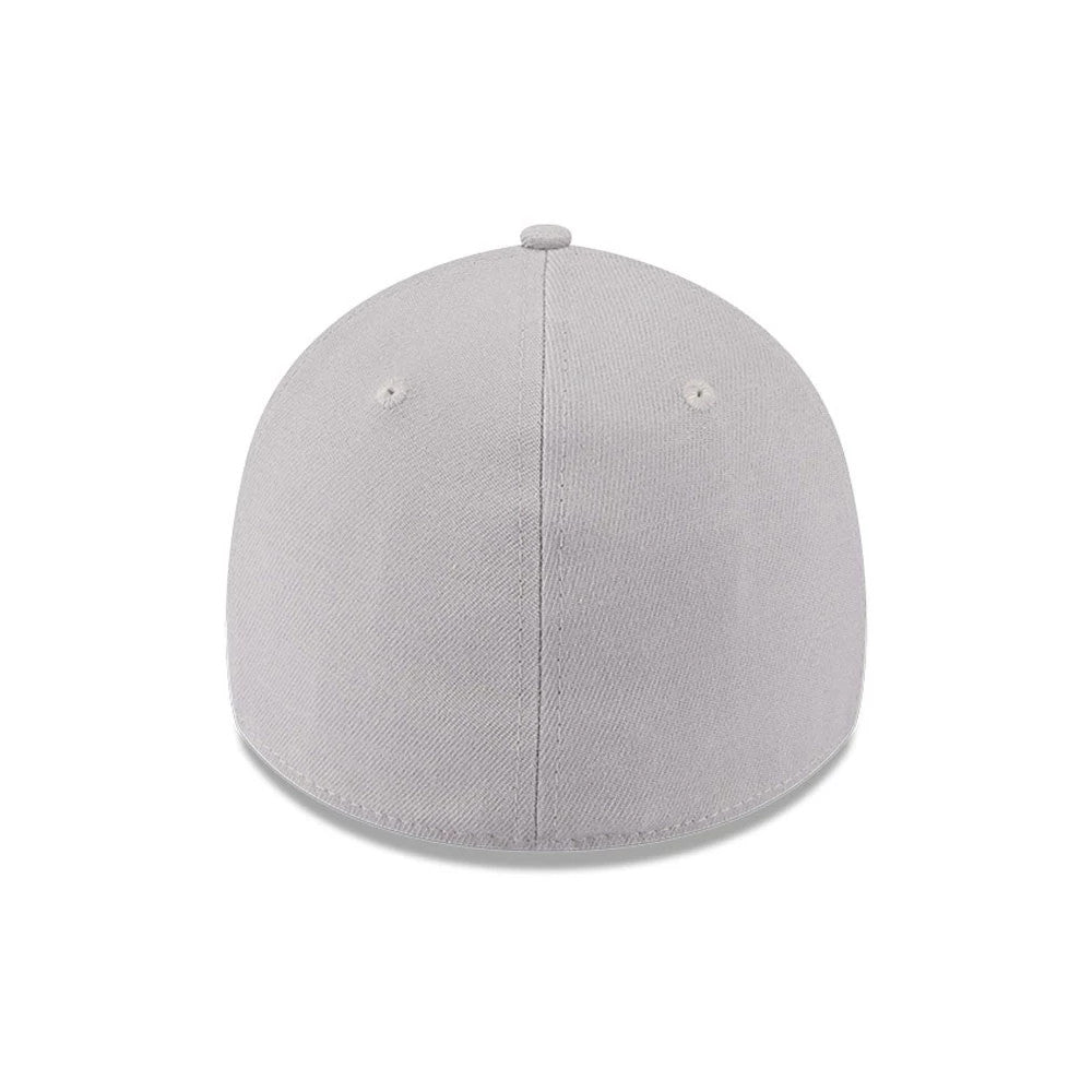 LA Dodgers MLB Metallic Grey New Era 39THIRTY Stretch Fit Cap, rear view showing the grey panels with central seam and top button, highlighting the structured stretch-fit design without a back logo.