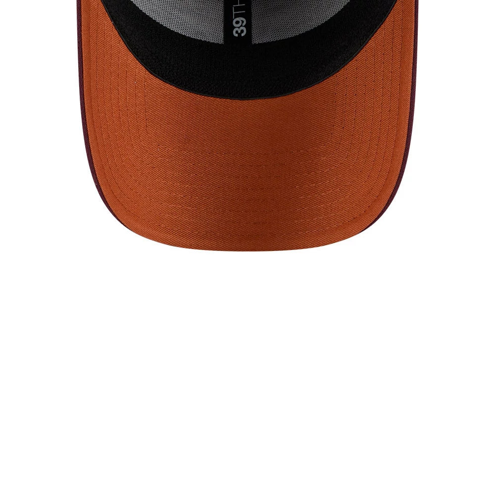 Chicago Bulls NBA Frosted Rust Dark Red New Era 39THIRTY Stretch Fit Cap, inside view showing the dark red undervisor, black sweatband, and black 39THIRTY taping running across the inner crown.