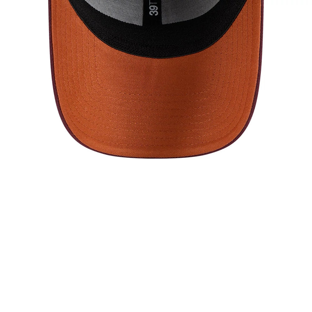 LA Dodgers MLB Frosted Rust Dark Red New Era 39THIRTY Stretch Fit Cap, inside view showing a dark red undervisor, black sweatband, and grey taping with the 39THIRTY label, highlighting the cap's interior construction and colour contrast.