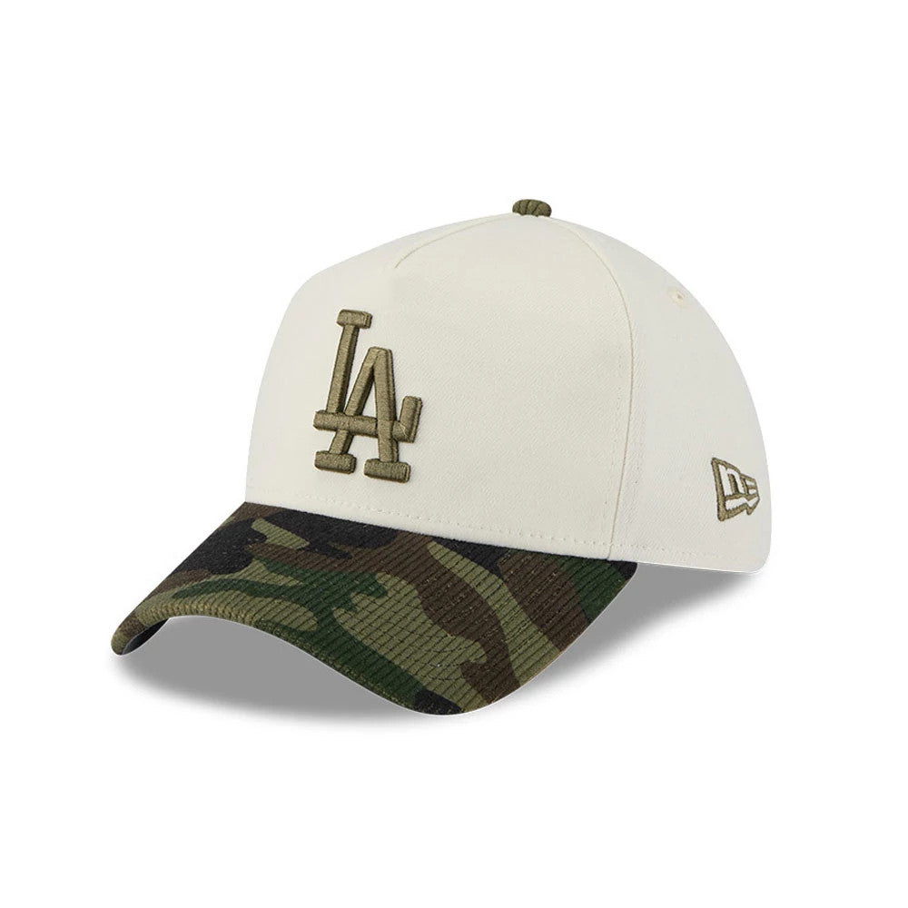 LA Dodgers MLB Camo Visor Cream New Era 39THIRTY A-Frame Stretch Fit Cap, front and side view showing the raised olive LA logo on the cream crown, camo-patterned curved visor, and New Era flag logo on the left side.