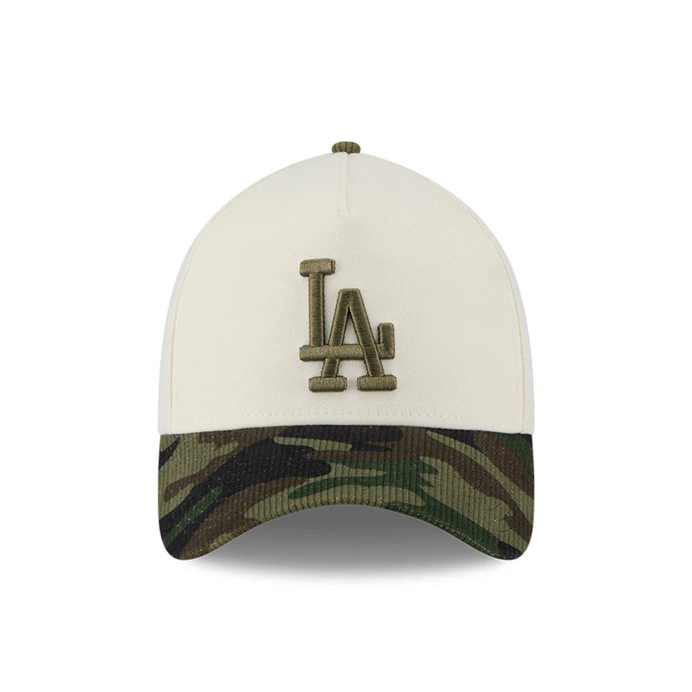 LA Dodgers MLB Camo Visor Cream New Era 39THIRTY A-Frame Stretch Fit Cap, front view showing the olive green embroidered LA logo on the cream front panel with a camouflage pattern on the curved visor and matching top button.