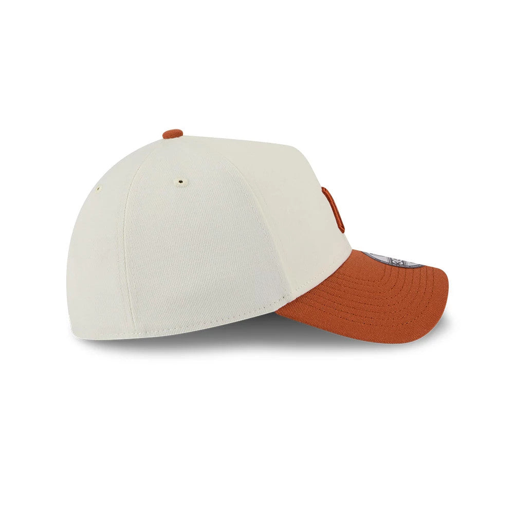 New York Yankees MLB Chrome Burnt Orange Logo New Era 39THIRTY A-Frame Stretch Fit Cap, side view with burnt orange curved visor, cream-coloured structured crown, and raised burnt orange front logo, featuring a matching top button.