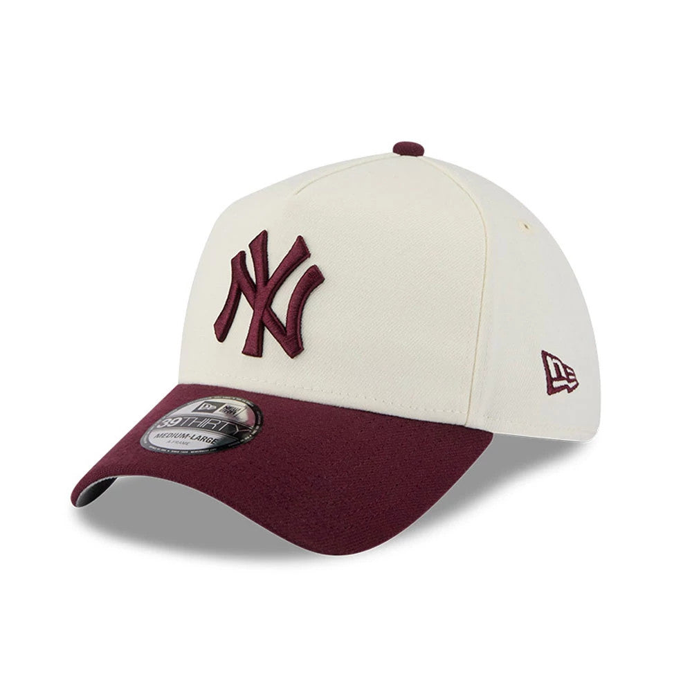 New York Yankees MLB Chrome Dark Red New Era 39THIRTY A-Frame Stretch Fit Cap, three-quarter view showing the raised dark red Yankees logo on the front panel, with a matching dark red curved visor and a grey undervisor.
