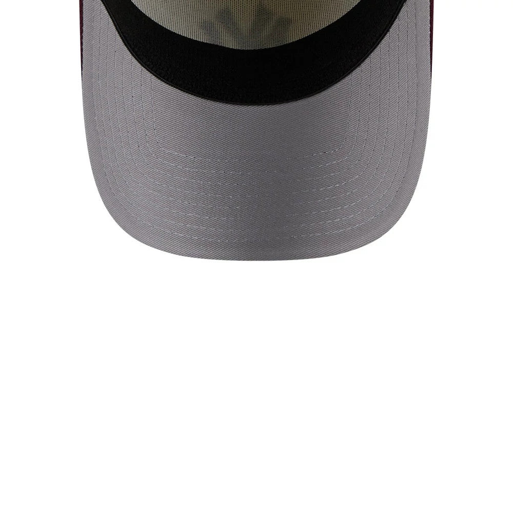 New York Yankees MLB Chrome Dark Red New Era 39THIRTY A-Frame Stretch Fit Cap, underside view showing the grey undervisor and the black interior lining, highlighting the structured curve of the visor.