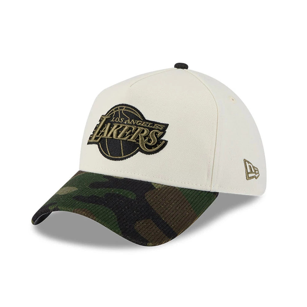Pictured is this NBA Camo Visor LA Lakers 39THIRTY A-Frame Stretch Fit cap in Cream. 1