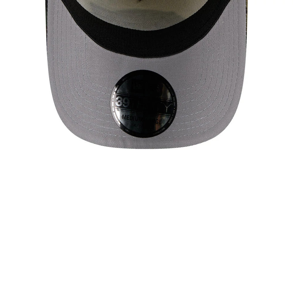 Pictured is this NBA Camo Visor LA Lakers 39THIRTY A-Frame Stretch Fit cap in Cream. 2