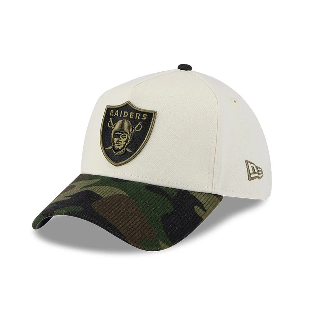 Pictured is this NFL Camo Visor Las Vegas Raiders 39THIRTY A-Frame Stretch Fit cap in white. 1