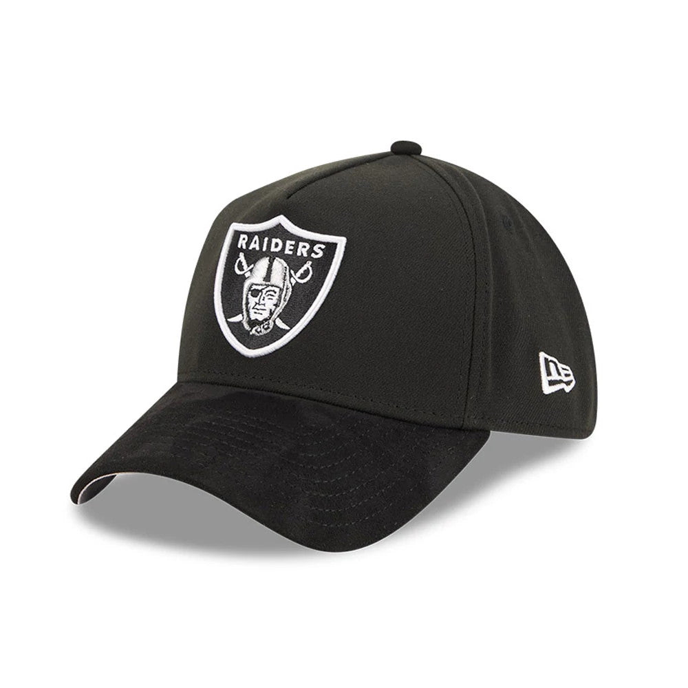 Pictured is this NFL Suede Las Vegas Raiders 39THIRTY A-Frame Stretch Fit cap in Black. 1