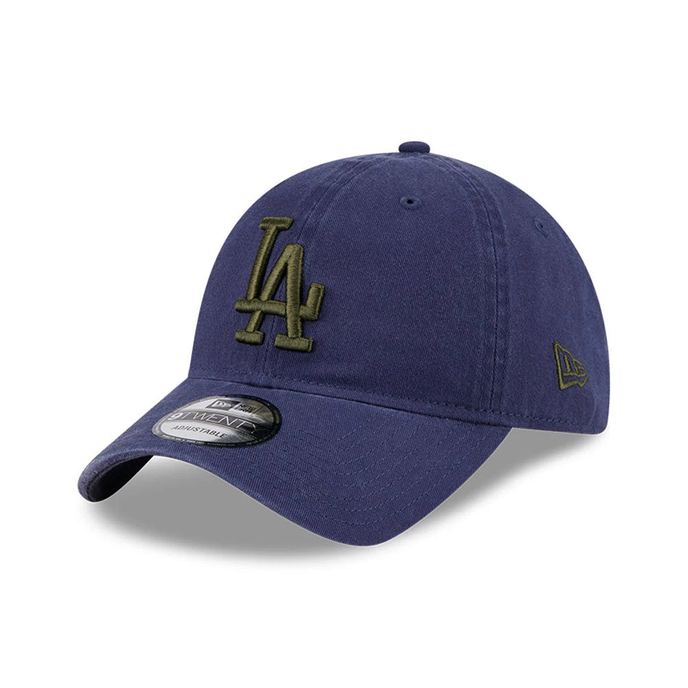 LA Dodgers MLB Rifle Green Logo Navy New Era 9TWENTY Adjustable Cap, three-quarter view with the rifle green embroidered LA logo on the front panel, a navy curved visor, and a 9TWENTY size sticker on the top.