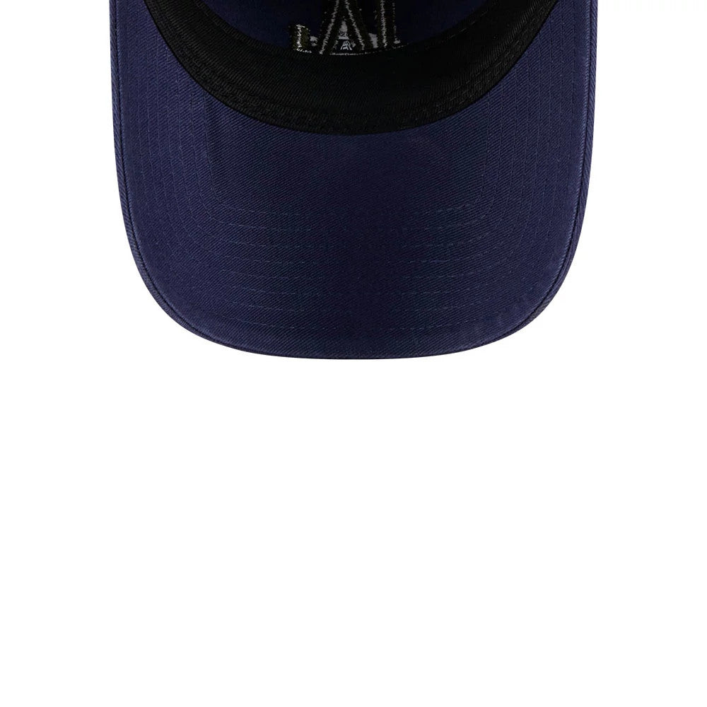 LA Dodgers MLB Rifle Green Logo Navy New Era 9TWENTY Adjustable Cap, top view showing the navy visor and the underside of the front navy crown with partially white LA lettering near the sweatband.