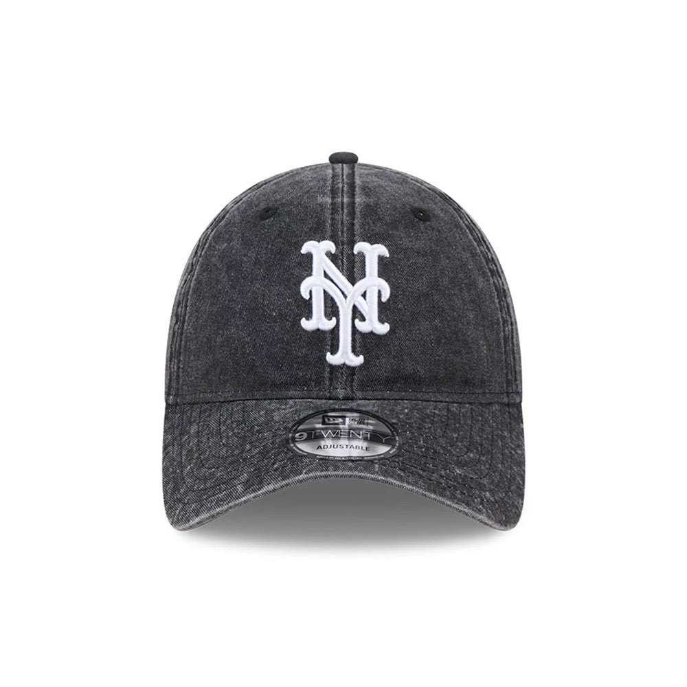 New York Mets MLB Overwash Black New Era 9TWENTY Adjustable Cap, front view showing a raised white NY logo on the worn black front panels, with a black curved visor and 9TWENTY size sticker.
