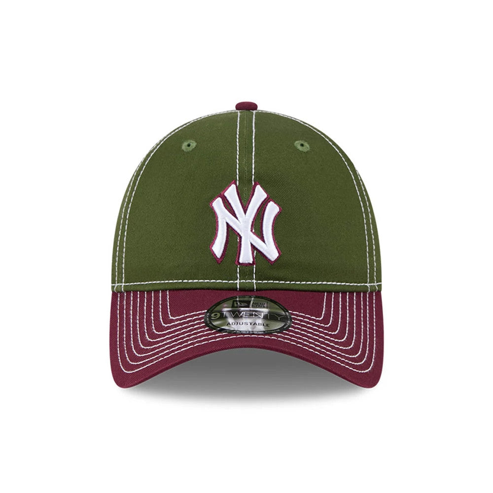 New York Yankees MLB 2Tone Dark Green New Era 9TWENTY Adjustable Cap, front view showing the raised white and maroon embroidered NY logo on the dark green crown with contrasting maroon visor and a 9TWENTY size sticker.