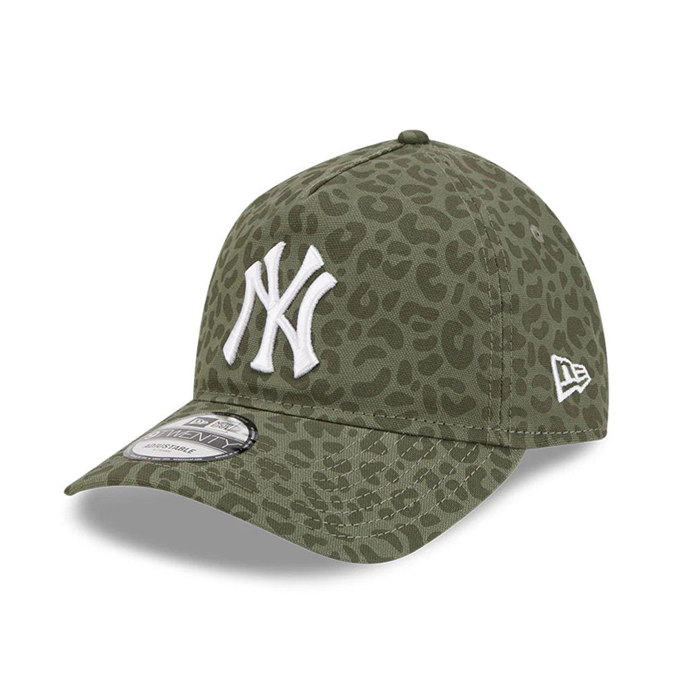 New York Yankees MLB Leopard Green New Era 9TWENTY A-Frame Adjustable Cap, three-quarter view showing the white raised embroidered NY logo on the front panel, leopard print pattern, and 9TWENTY size sticker on the curved green visor.