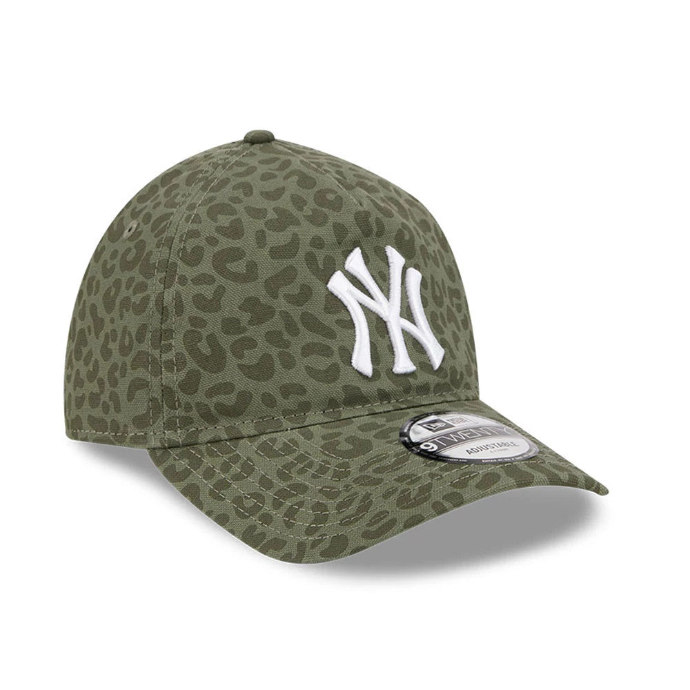 New York Yankees MLB Leopard Green New Era 9TWENTY A-Frame Adjustable Cap, three-quarter view showing the raised white NY logo embroidered on the front panel, with a leopard pattern across the green crown.