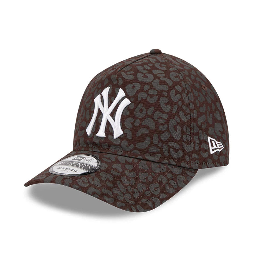 New York Yankees MLB Leopard Dark Brown New Era 9TWENTY A-Frame Adjustable Cap, three-quarter view showing the white raised embroidered NY logo on a leopard-patterned crown, with a curved visor and 9TWENTY size sticker.