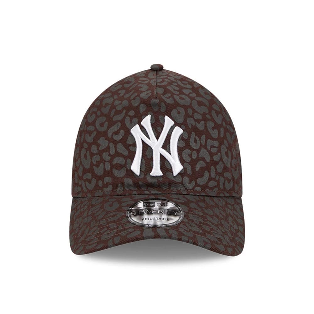 New York Yankees MLB Leopard Dark Brown New Era 9TWENTY A-Frame Adjustable Cap, front view showing a white raised embroidered NY logo on the leopard-print crown with a curved visor and 9TWENTY size sticker.