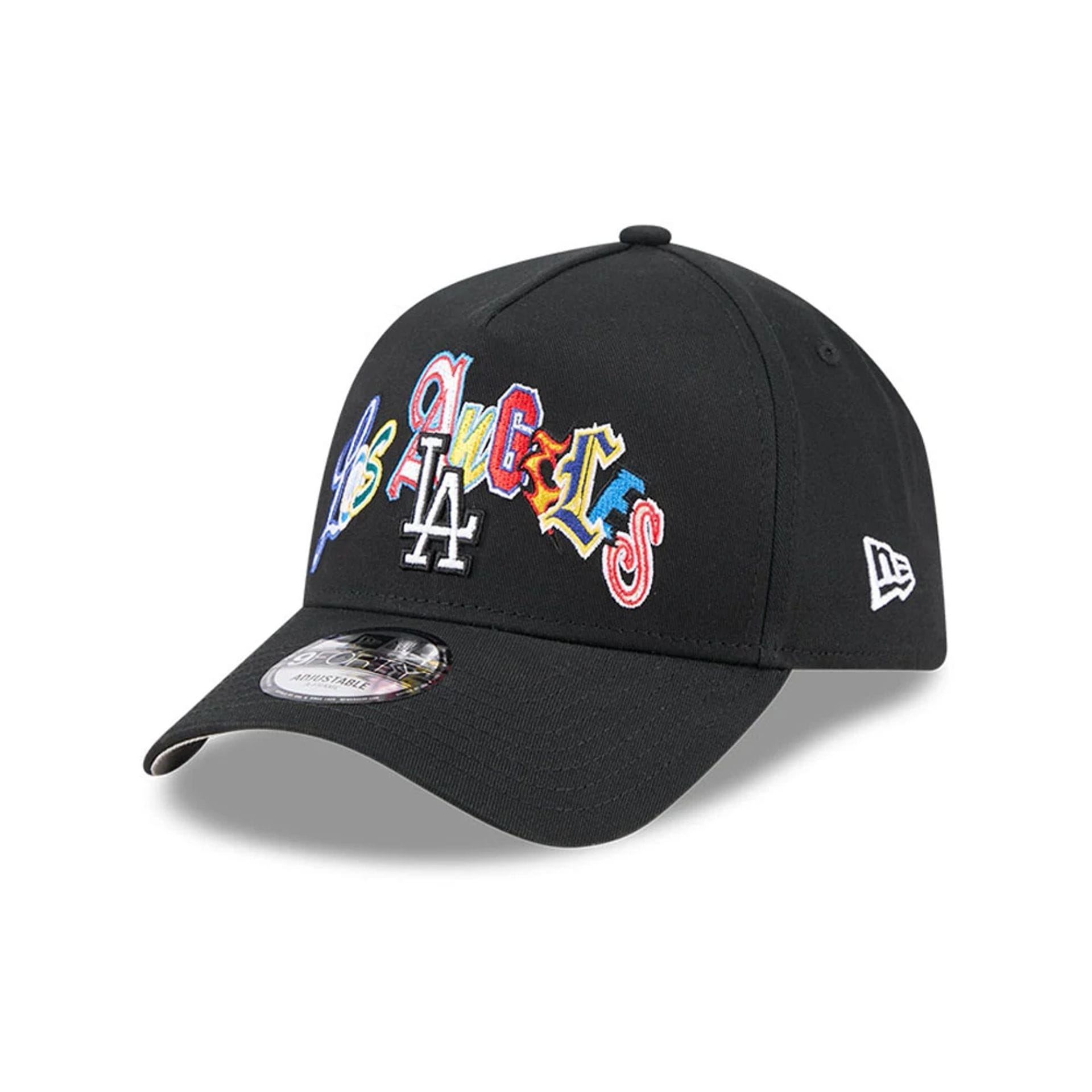 Pictured is this MLB Multi Letter LA Dodgers 9FORTY A-Frame cap in black. 1