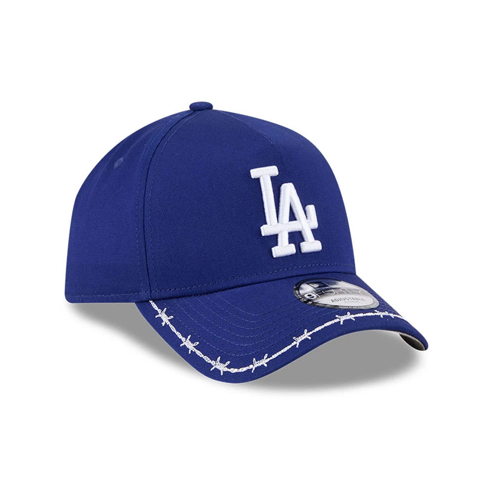 LA Dodgers MLB Barb Visor Dark Blue New Era 9FORTY A-Frame Adjustable Cap, front view showing the white LA logo in raised embroidery on the dark blue crown, with a barbed wire design on the curved visor and a 9FORTY size sticker.