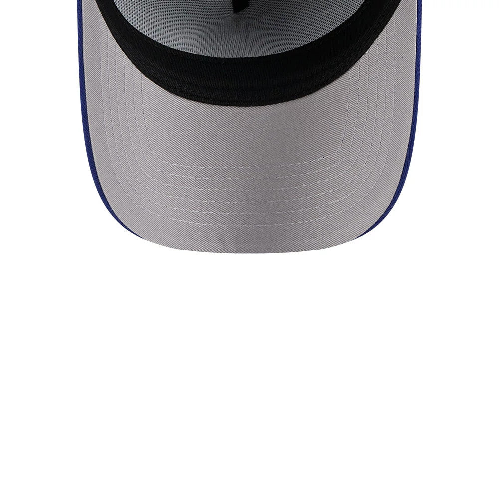 LA Dodgers MLB Barb Visor Dark Blue New Era 9FORTY A-Frame Adjustable Cap, inside view showing a grey undervisor with a dark trim and a dark sweatband lining the edge for added comfort.