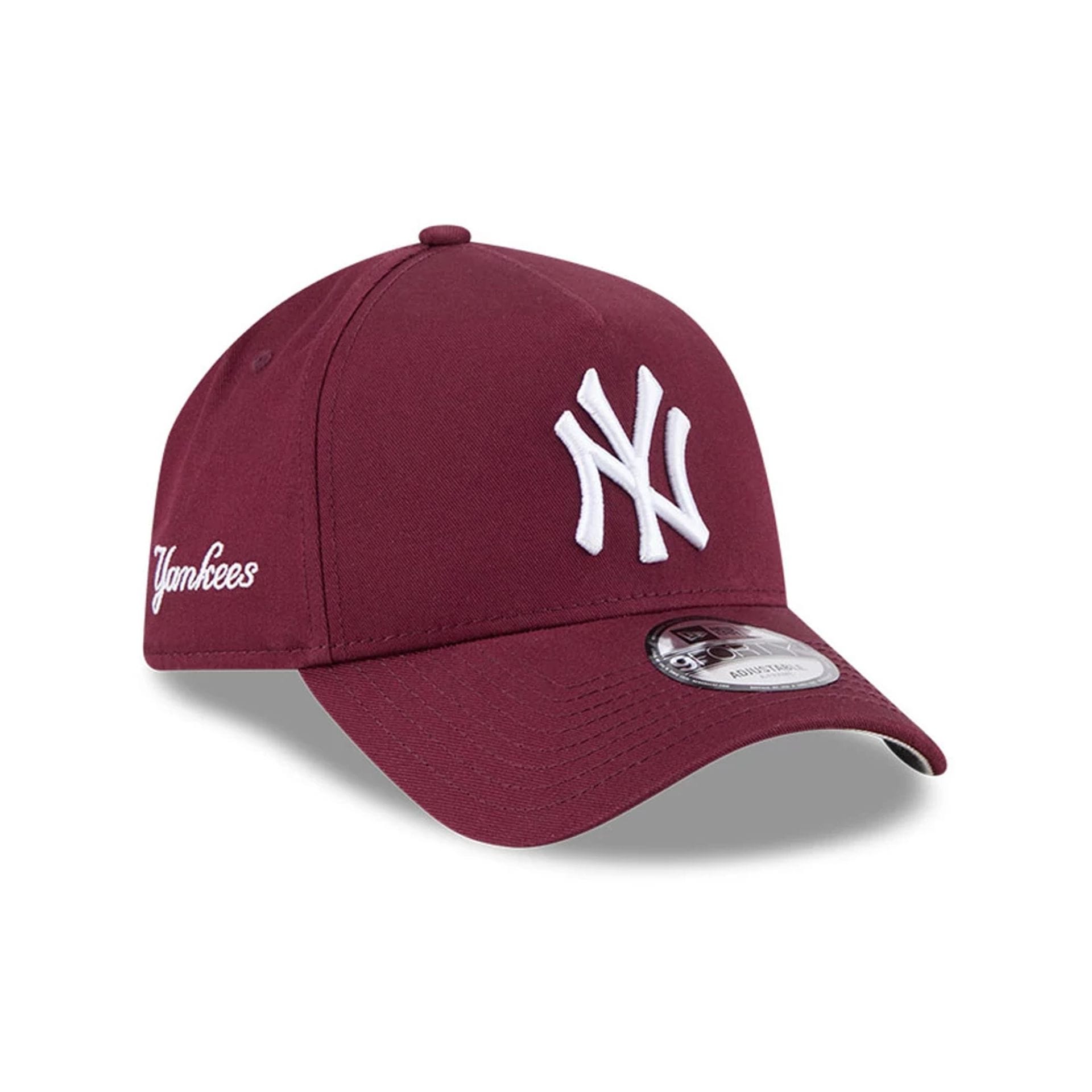 Pictured is this MLB Autumn Mix New York Yankees 9FORTY A-Frame cap in dark red. 1
