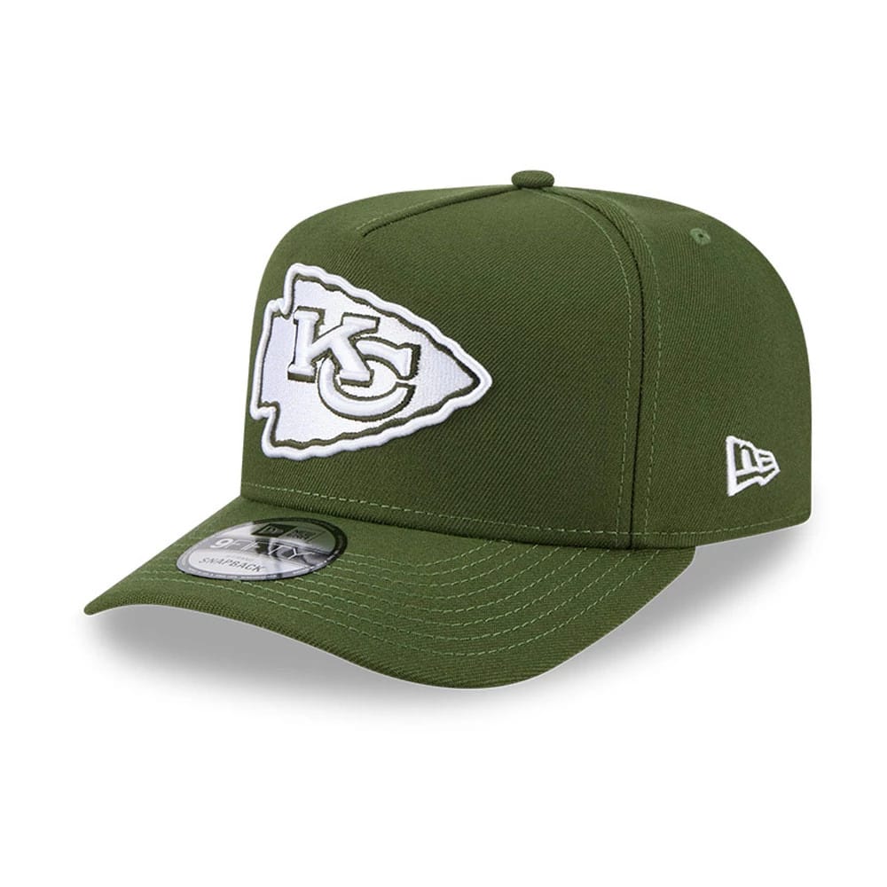 Pictured is this NFL Rifle Green Kansas City Chiefs 9FIFTY A-Frame Snapback cap in dark green. 1