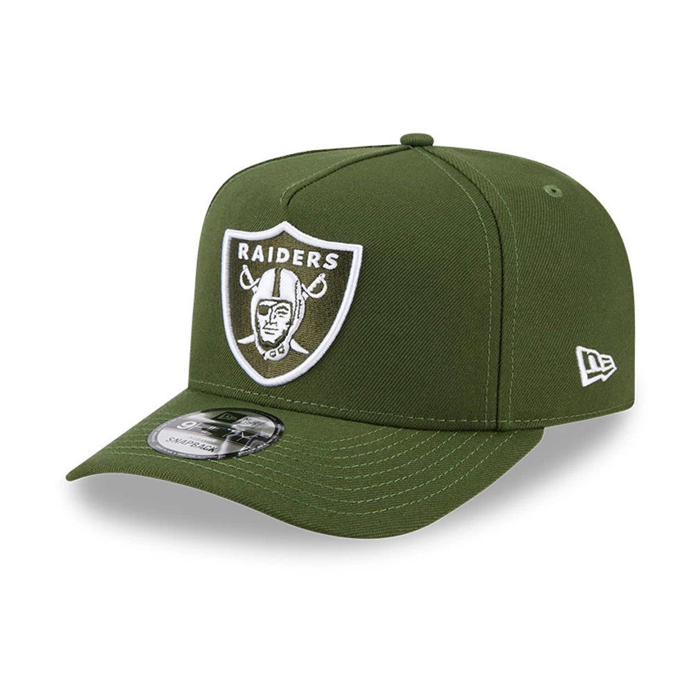 Pictured is this NFL Rifle Green Las Vegas Raiders 9FIFTY A-Frame Snapback cap in dark green. 1