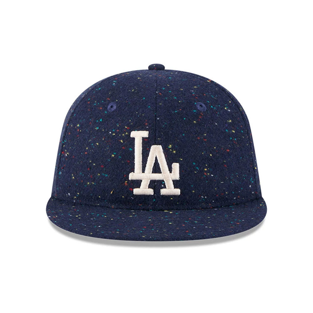 LA Dodgers MLB Speckled Wool Open Blue Retro Crown New Era 9FIFTY Adjustable Cap, front view showing the white raised embroidered LA logo on the speckled wool-textured blue front panels with a matching flat visor.