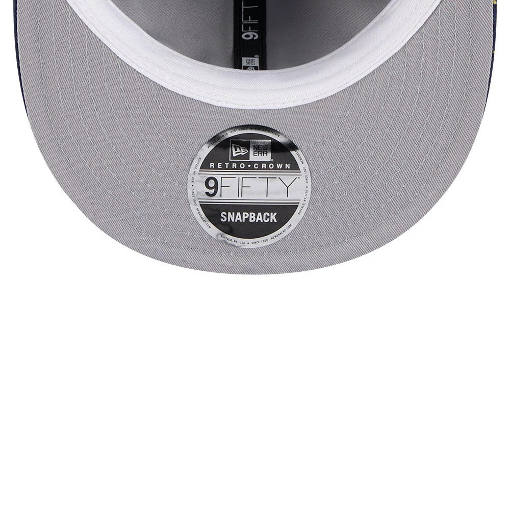 LA Dodgers MLB Speckled Wool Open Blue Retro Crown New Era 9FIFTY Adjustable Cap, inside view showing the grey undervisor with a 9FIFTY size sticker and black woven taping with white New Era branding.
