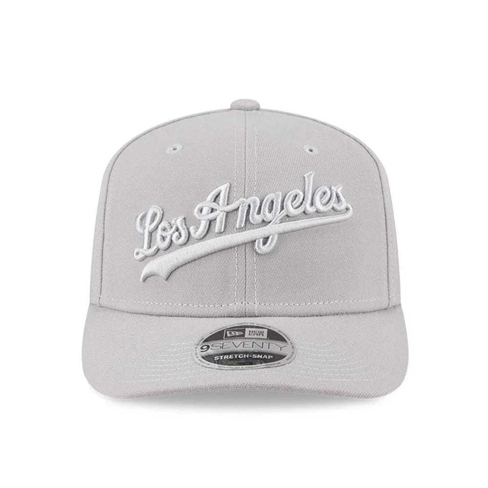 Pictured is this MLB Script LA Dodgers 9SEVENTY Stretch Snap cap in grey. 2