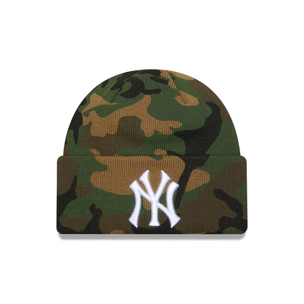 New Era New York Yankees MLB Camo Green Cuff Knit Beanie, front view showing the white embroidered Yankees logo on the folded cuff, featuring a green, brown, and black camouflage pattern across the entire beanie.