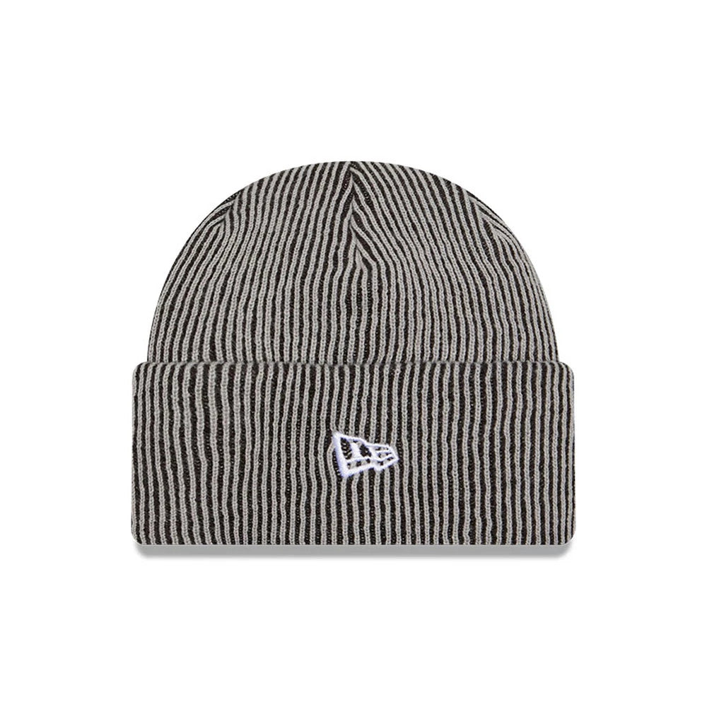 New Era New York Yankees MLB Rib Grey Cuff Knit Beanie Hat, front view showing white embroidered New Era flag logo on the folded cuff, featuring a grey and black ribbed pattern with a snug fit.